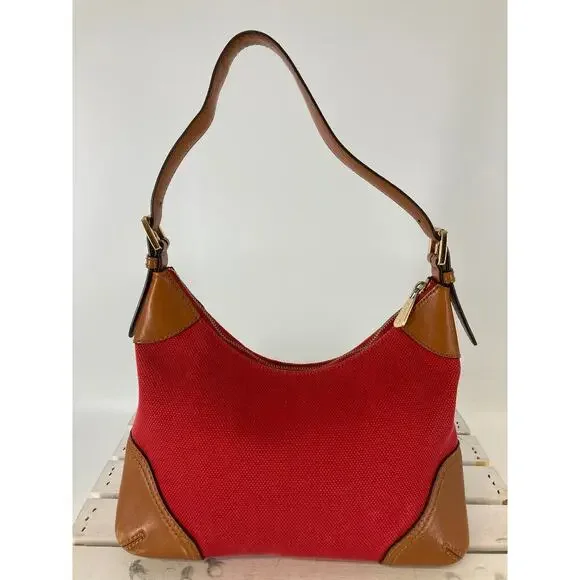 MICHAEL KORS, LARGE RED CANVAS, BROWN LEATHER SHOULDER BAG - Picture 5 of 16